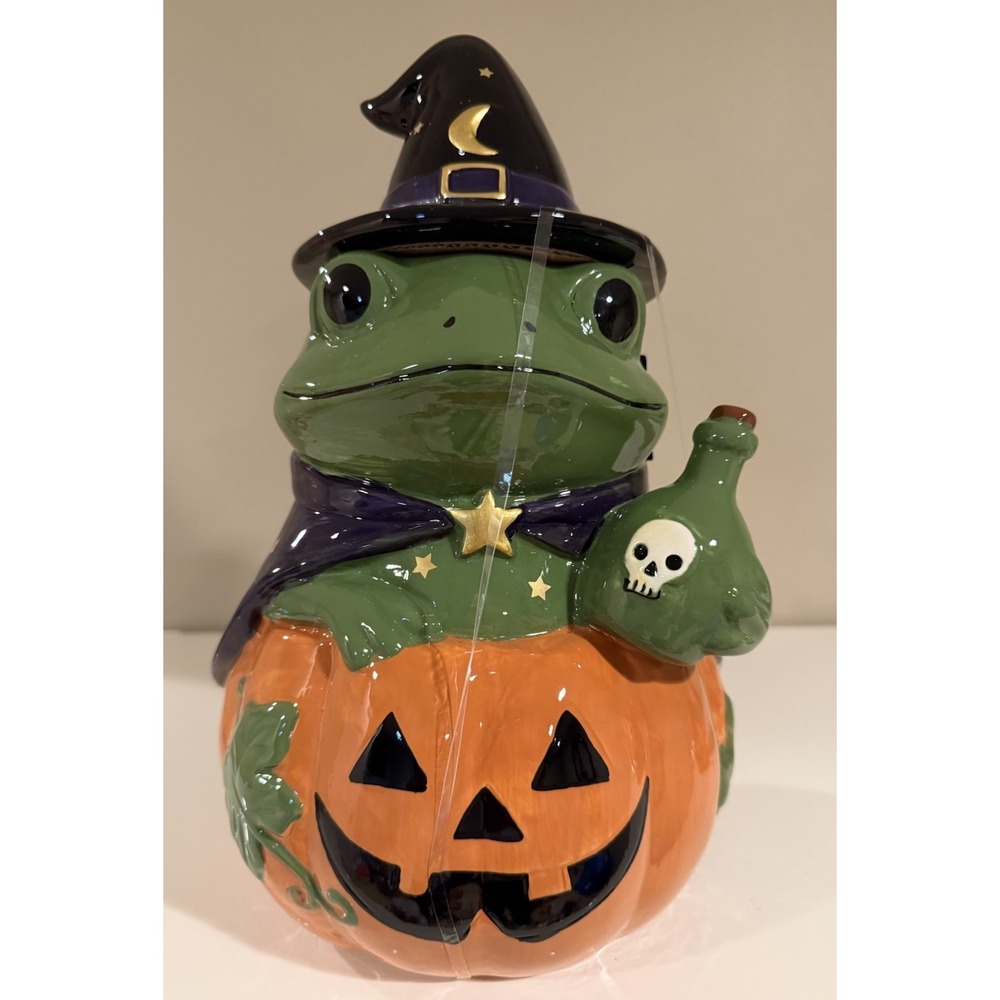Spooky Street Whimsical Witch Frog With Pumpkin Halloween Ceramic Cookie Jar